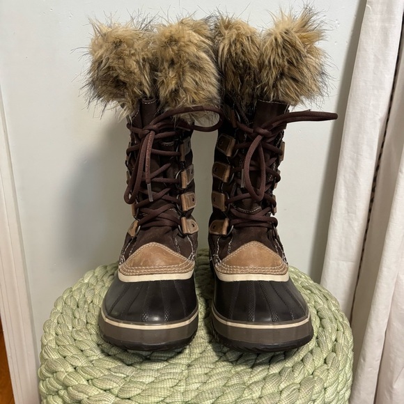 Sorel Joan Of Arctic Waterproof Fur Trim Brown Suede Lace Up Tall Winter Boots - Picture 4 of 10